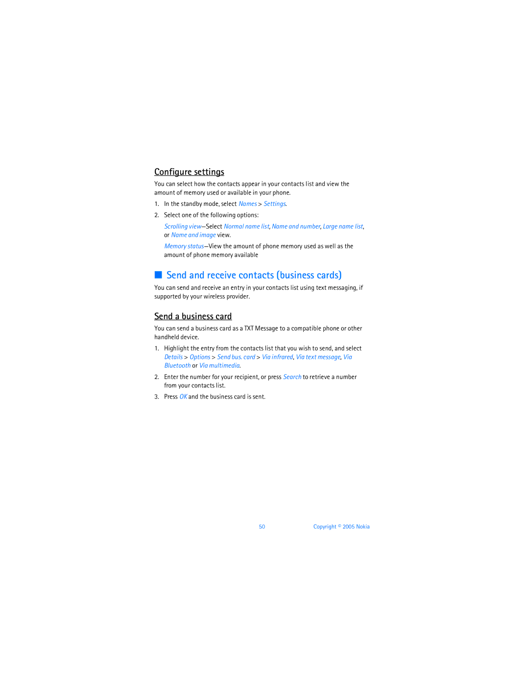 Nokia 6256i manual Send and receive contacts business cards, Configure settings, Send a business card 