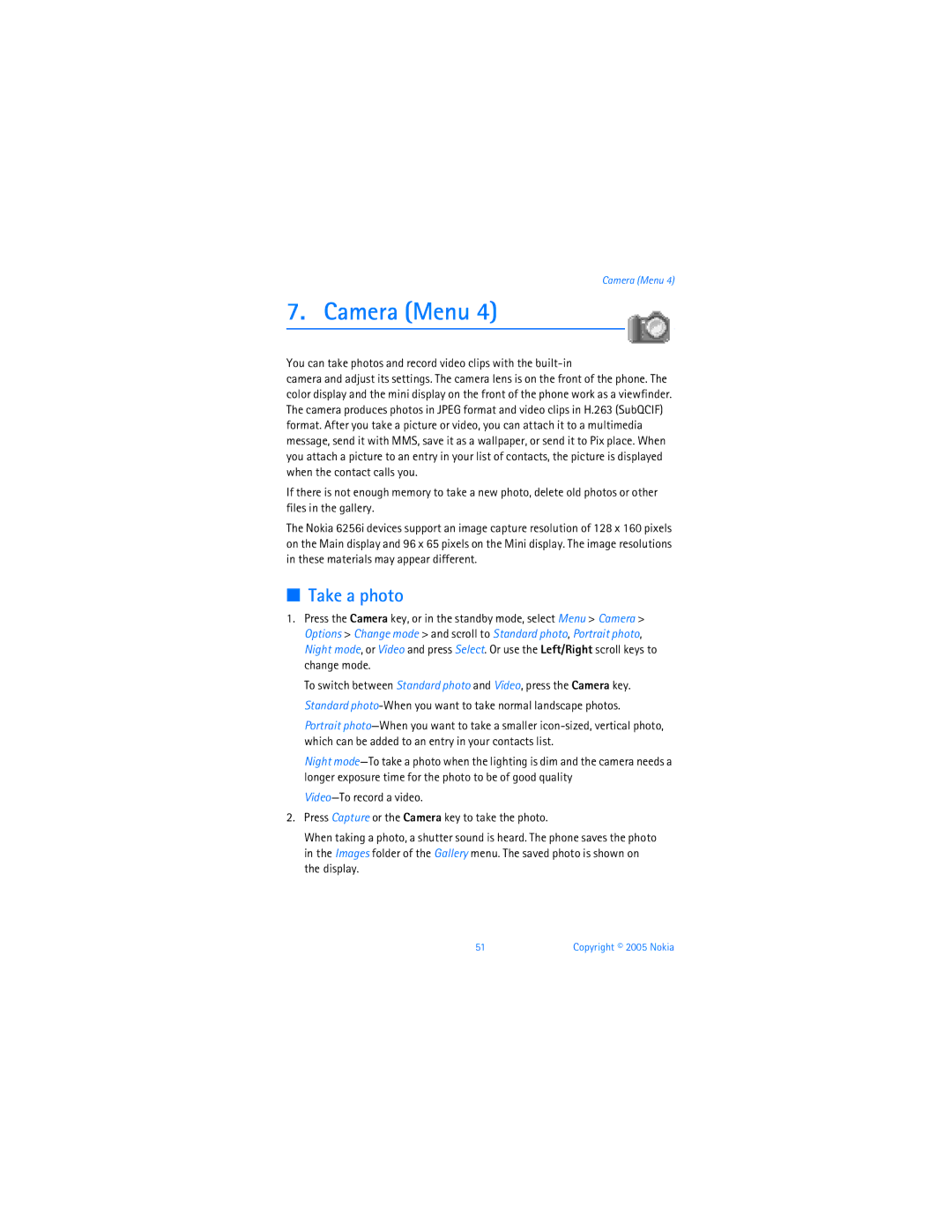 Nokia 6256i manual Camera Menu, Take a photo 