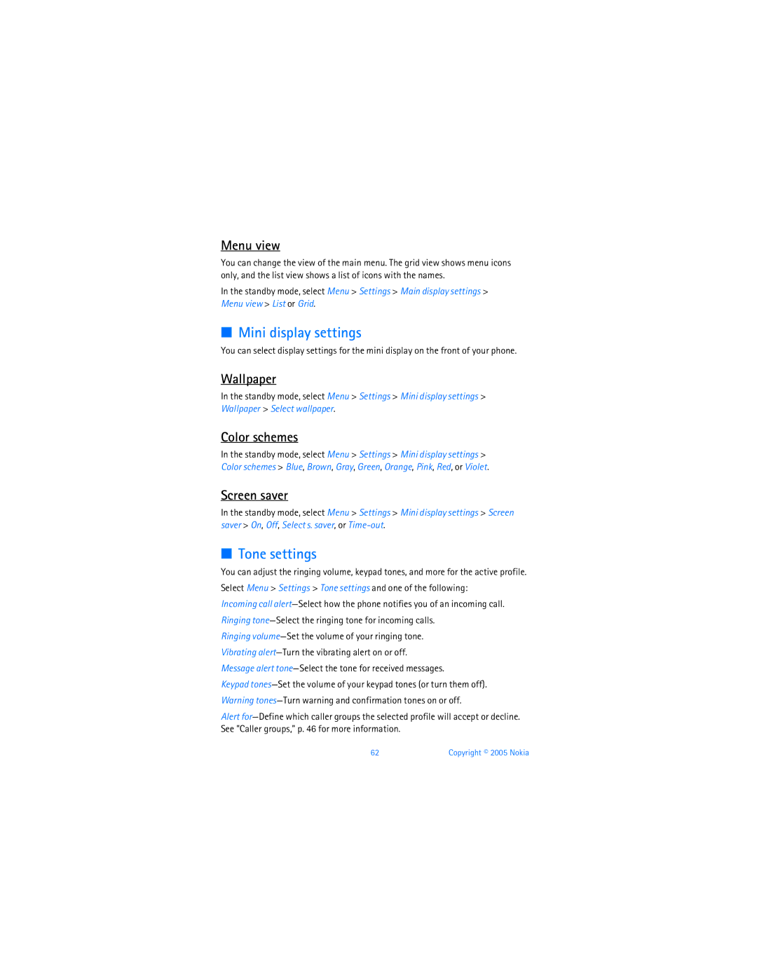 Nokia 6256i manual Mini display settings, Tone settings, Menu view, Screen saver 