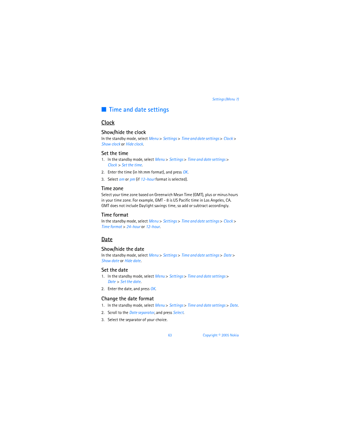 Nokia 6256i manual Time and date settings, Clock, Date 