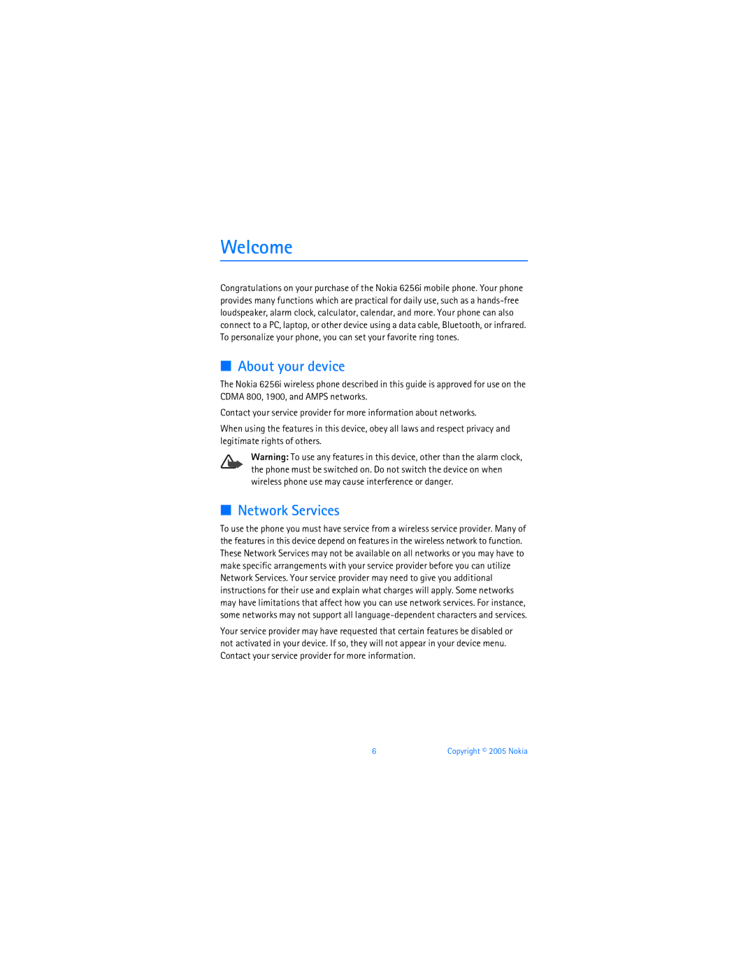 Nokia 6256i manual Welcome, About your device, Network Services 