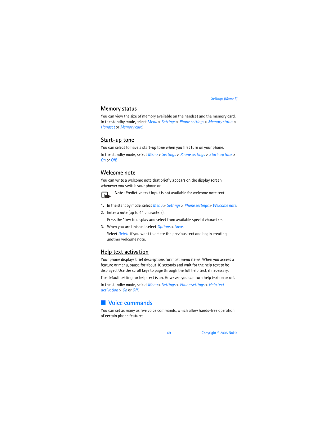 Nokia 6256i manual Voice commands, Memory status, Start-up tone, Welcome note, Help text activation 