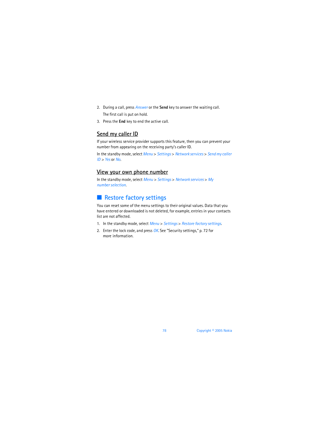Nokia 6256i manual Restore factory settings, Send my caller ID, View your own phone number 