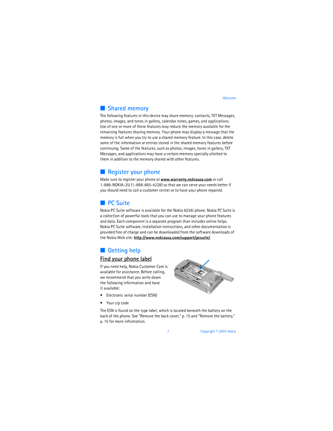 Nokia 6256i manual Shared memory, Register your phone, PC Suite Getting help, Find your phone label 