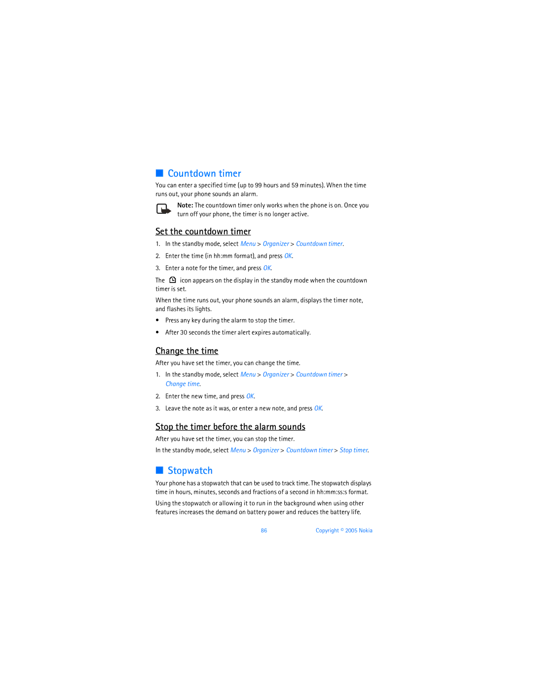 Nokia 6256i Countdown timer, Stopwatch, Set the countdown timer, Change the time, Stop the timer before the alarm sounds 