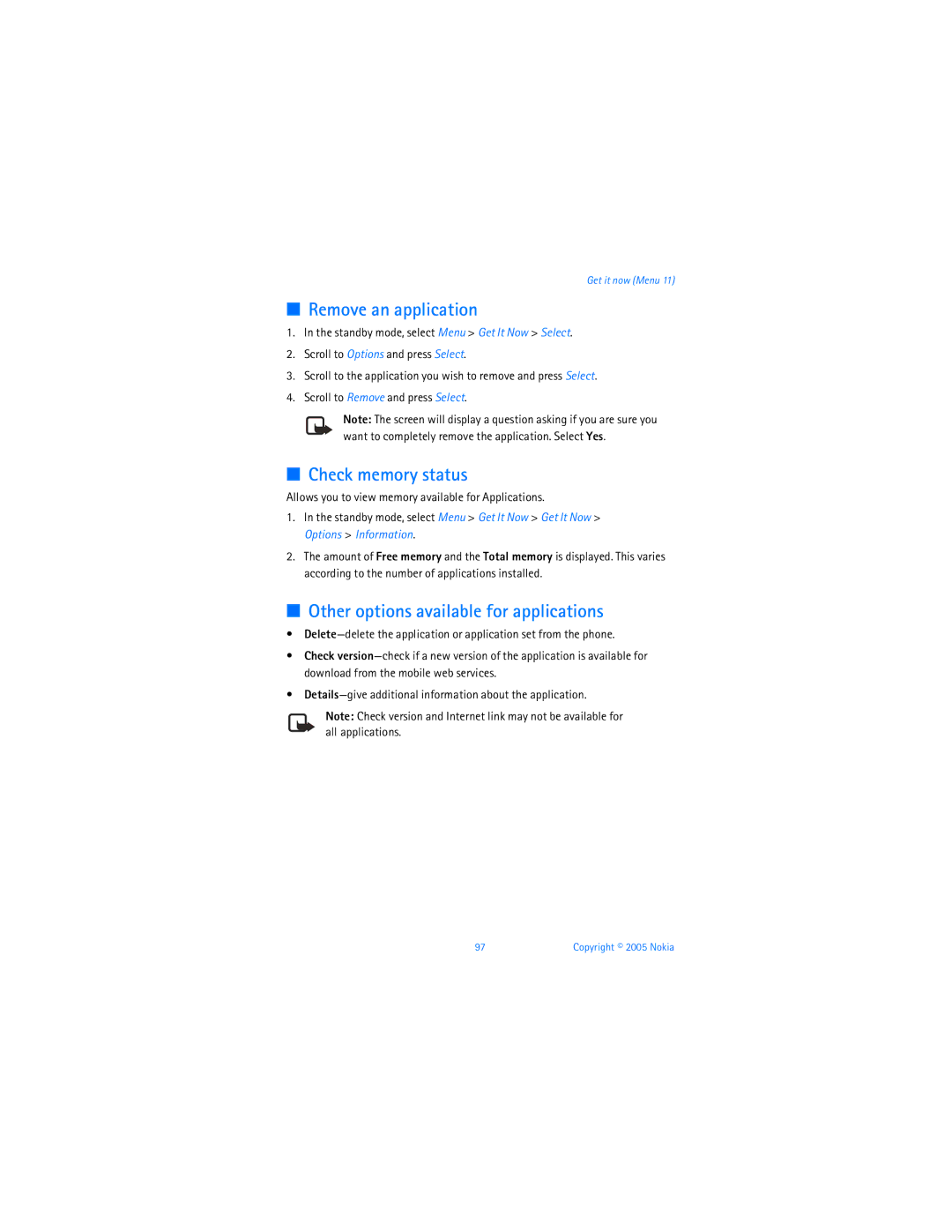 Nokia 6256i manual Remove an application, Check memory status, Other options available for applications 