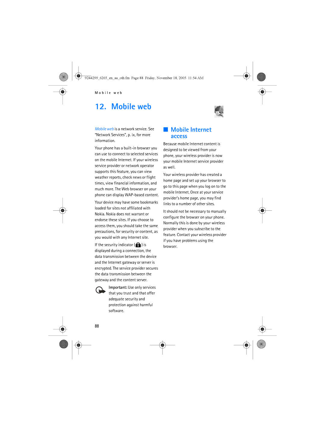 Nokia 6265 manual Mobile web, Mobile Internet access 