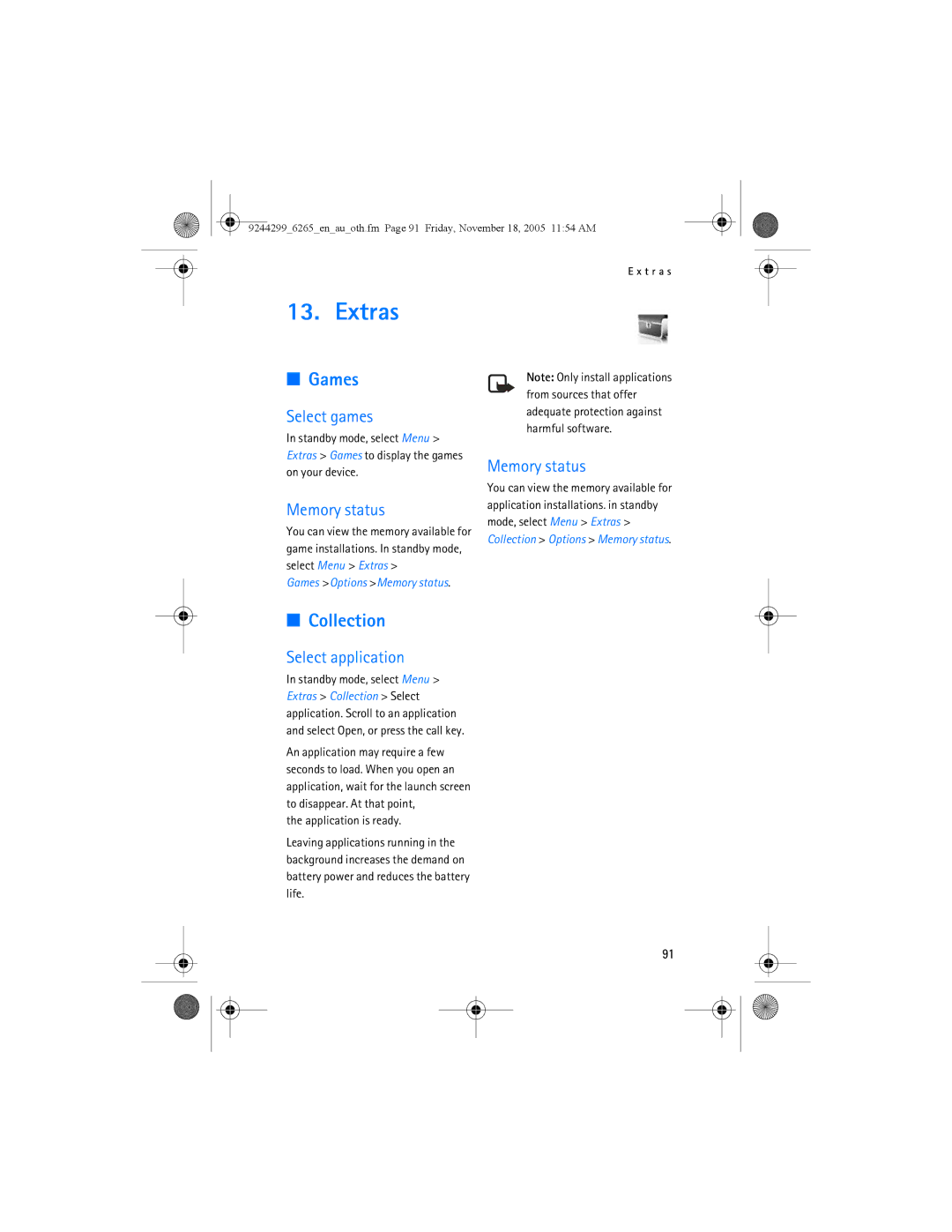Nokia 6265 manual Extras, Games, Collection, Select games, Select application 