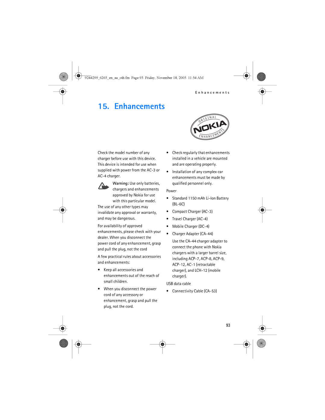 Nokia 6265 manual Enhancements, USB data cable Connectivity Cable CA-53 