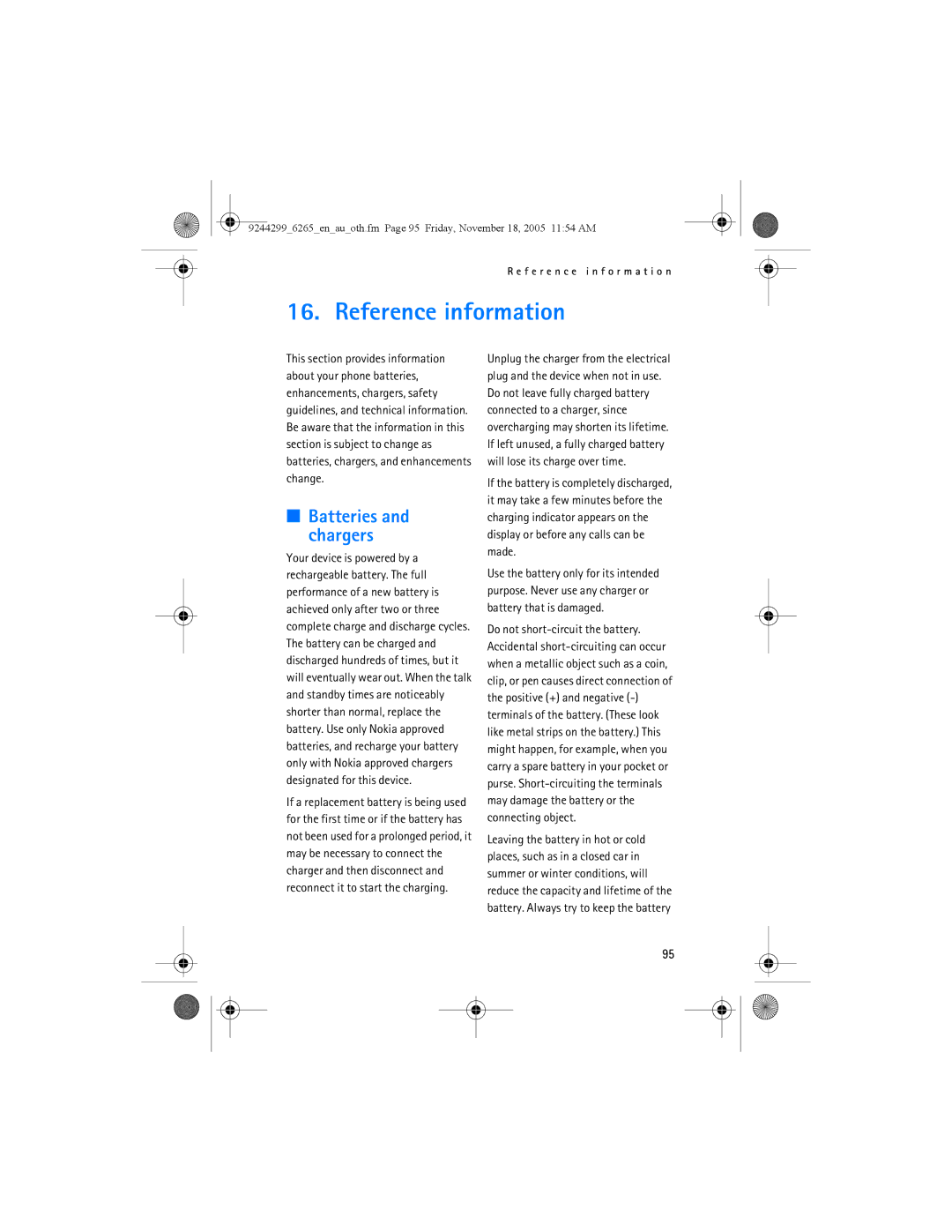 Nokia 6265 manual Reference information, Batteries and chargers 