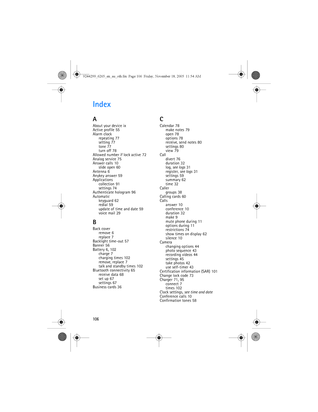 Nokia 6265 manual Index, Antenna 6 Anykey answer 59 Applications, Backlight time-out 57 Banner 