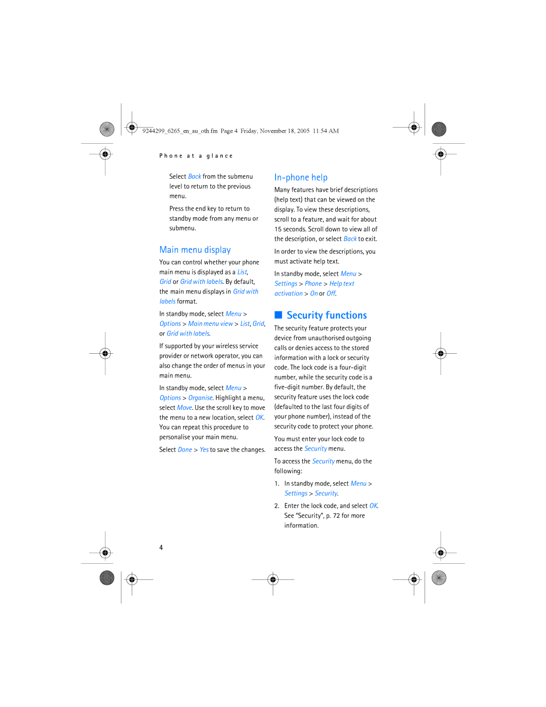 Nokia 6265 manual Security functions, Main menu display, In-phone help 