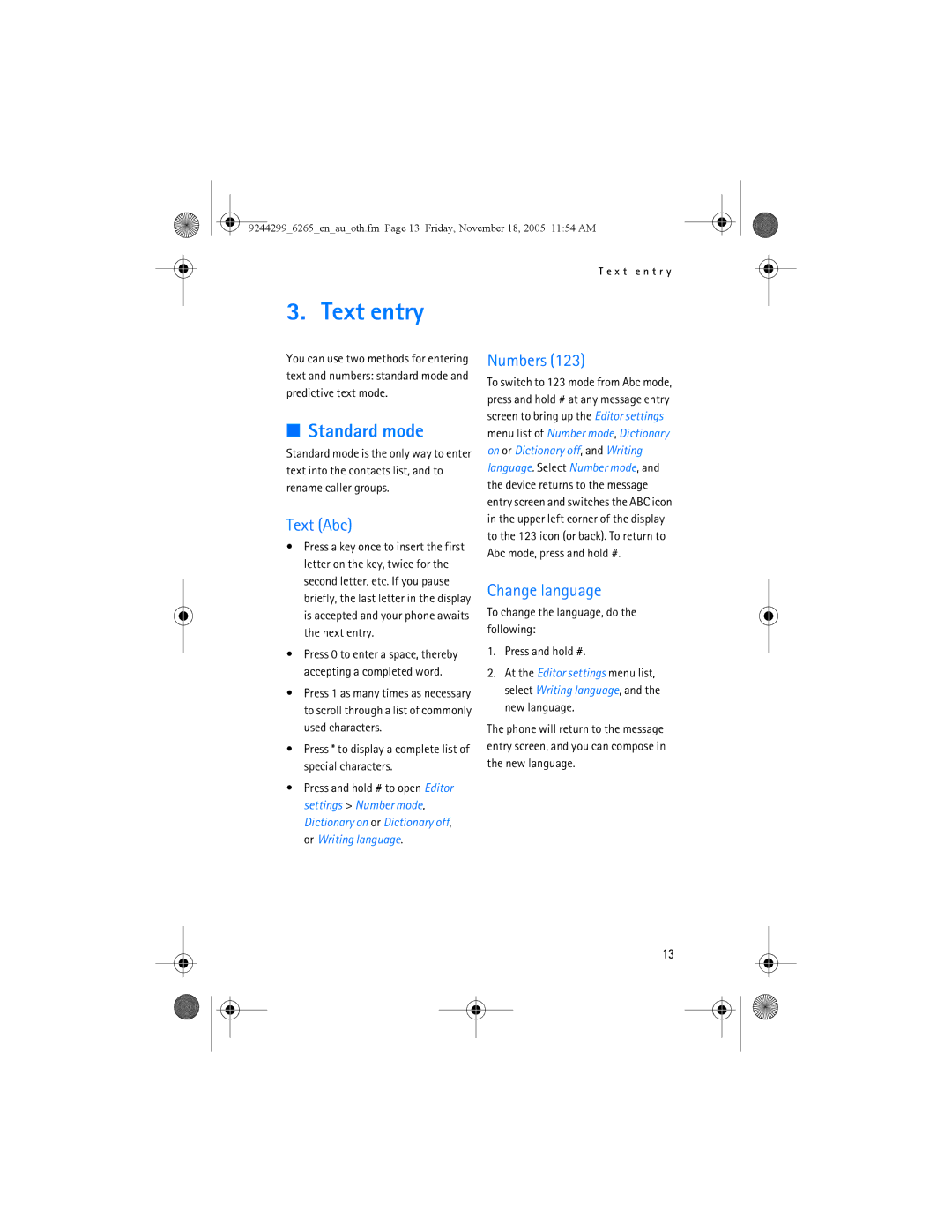 Nokia 6265 manual Text entry, Standard mode, Text Abc, Numbers, Change language 