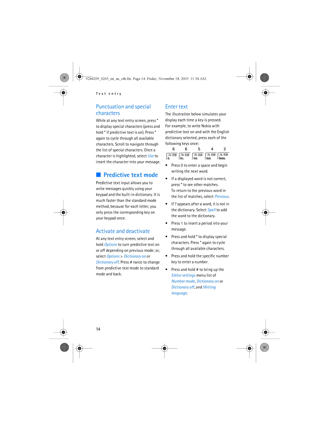 Nokia 6265 manual Punctuation and special characters, Activate and deactivate, Enter text 
