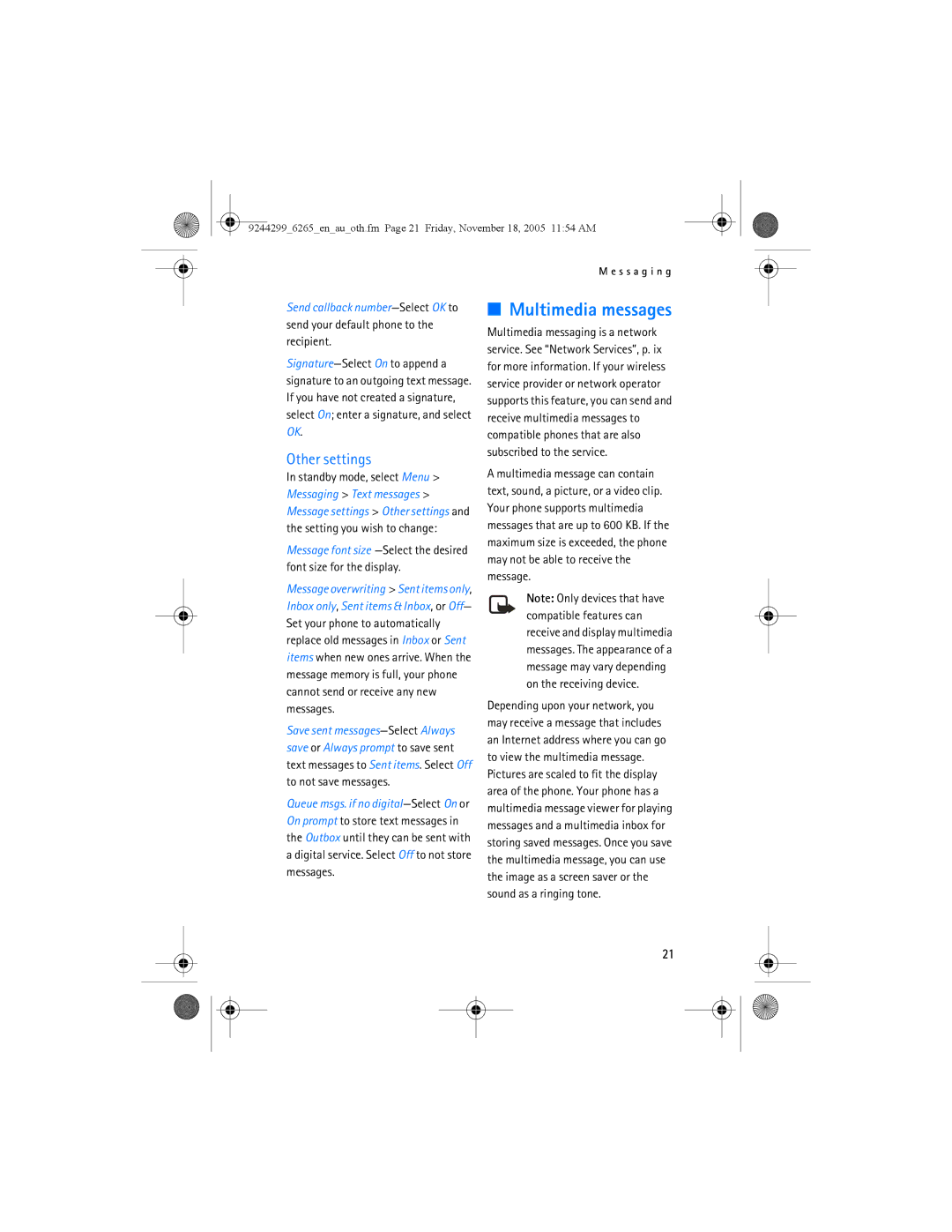 Nokia 6265 manual Multimedia messages, Other settings 