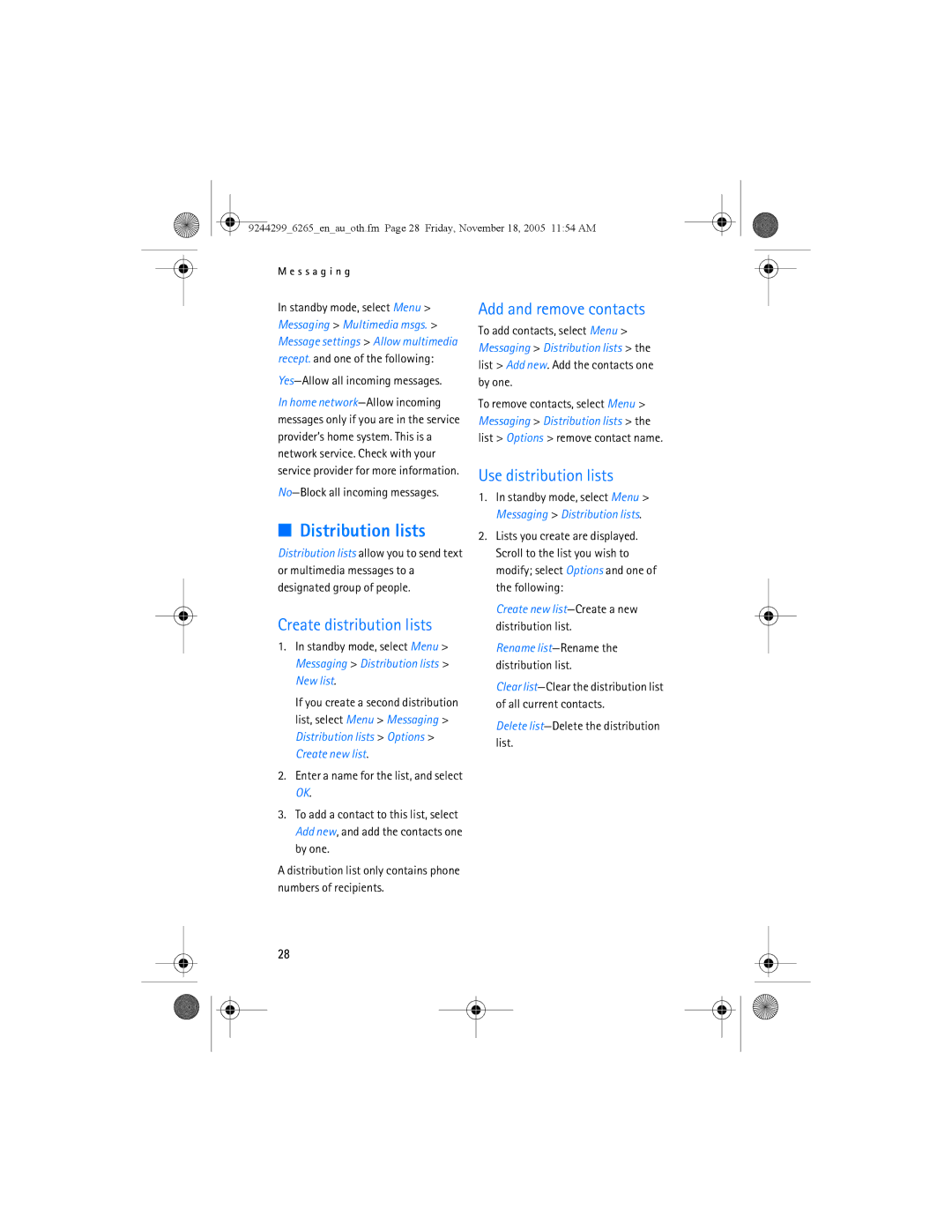 Nokia 6265 manual Distribution lists, Create distribution lists, Add and remove contacts, Use distribution lists 