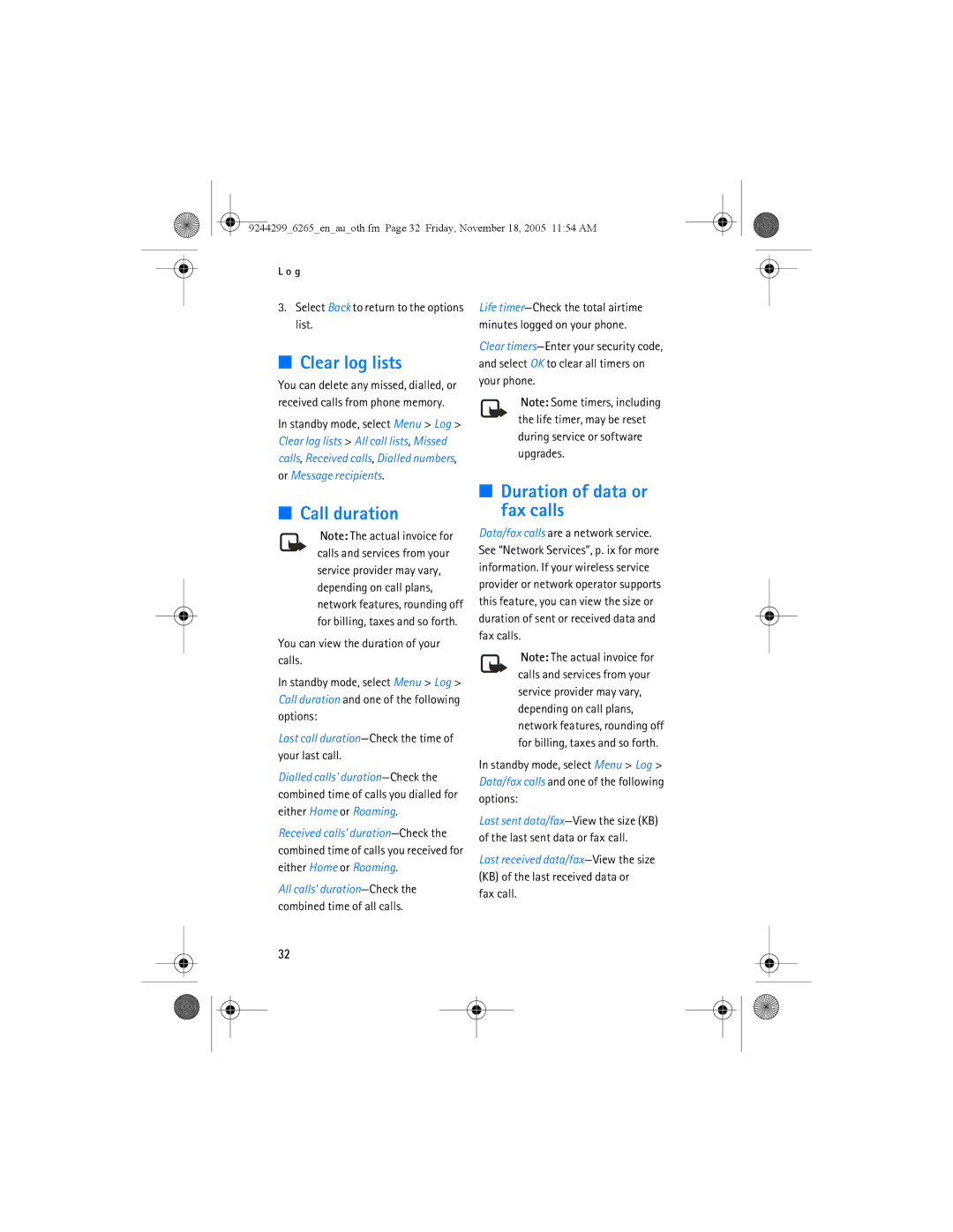 Nokia 6265 manual Clear log lists, Call duration, Duration of data or fax calls, Select Back to return to the options list 
