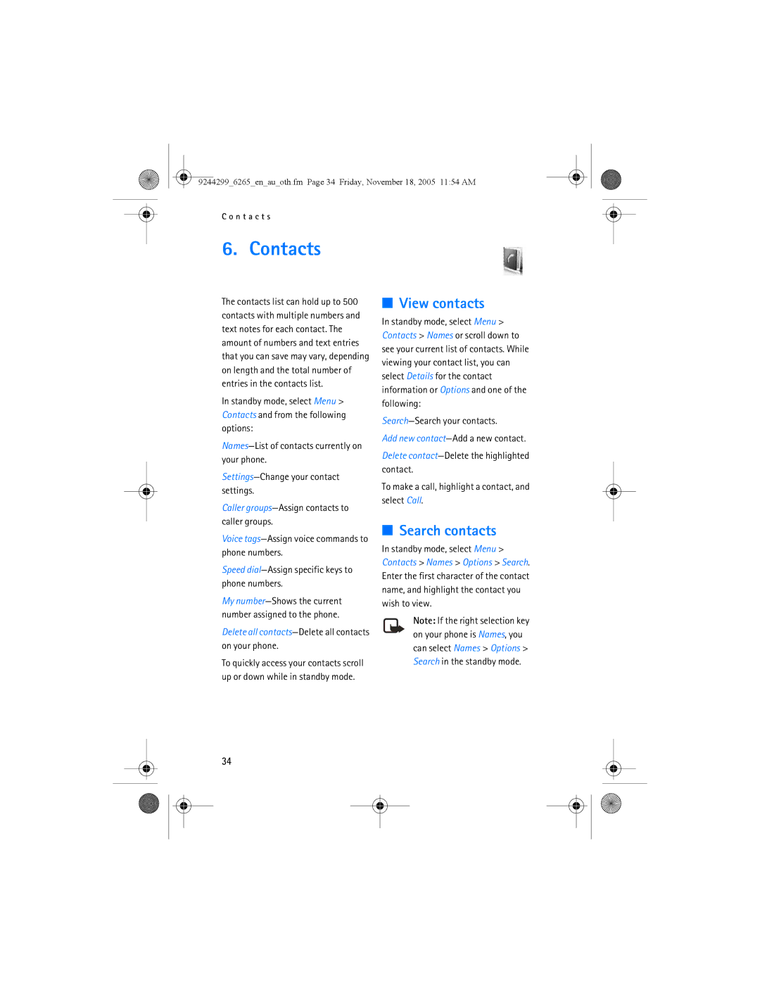 Nokia 6265 manual Contacts, View contacts, Search contacts 