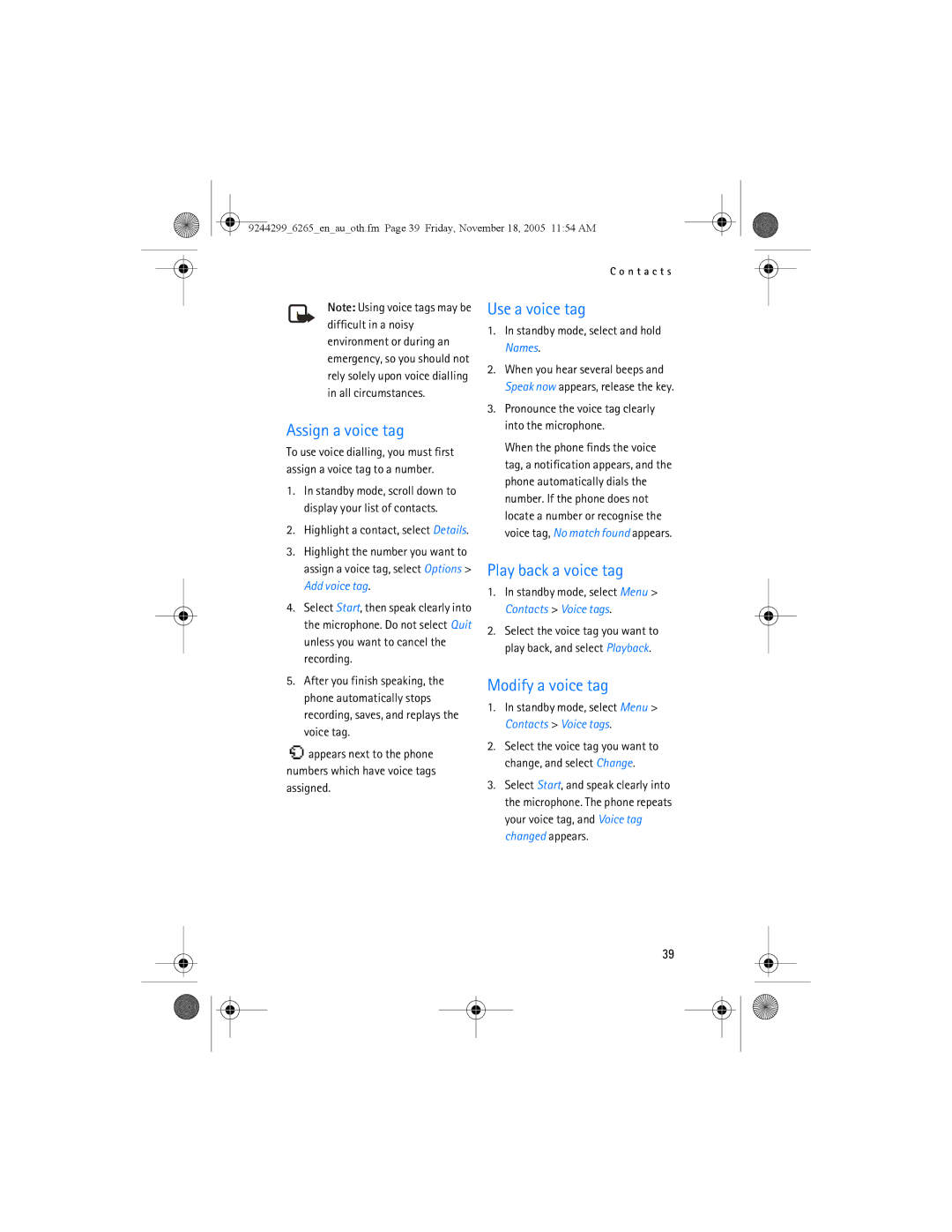Nokia 6265 manual Assign a voice tag, Use a voice tag, Play back a voice tag, Modify a voice tag 