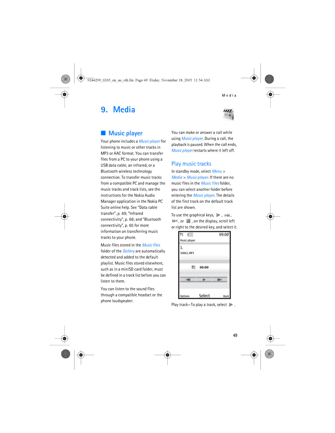 Nokia 6265 manual Media, Music player, Play music tracks, To use the graphical keys 