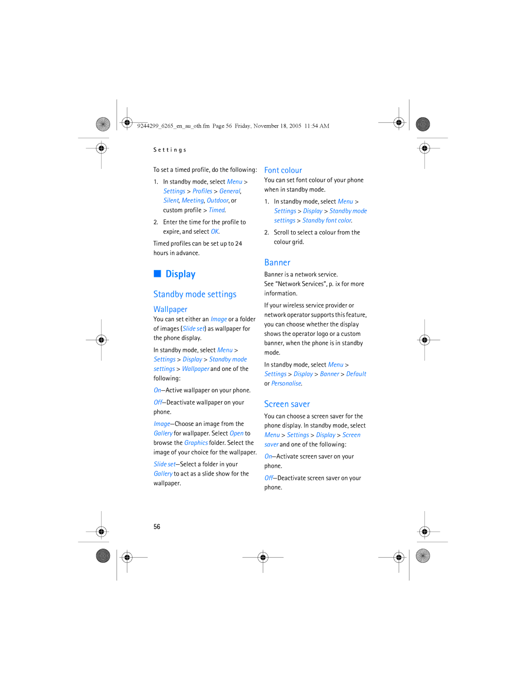 Nokia 6265 manual Display, Standby mode settings, Banner, Screen saver 