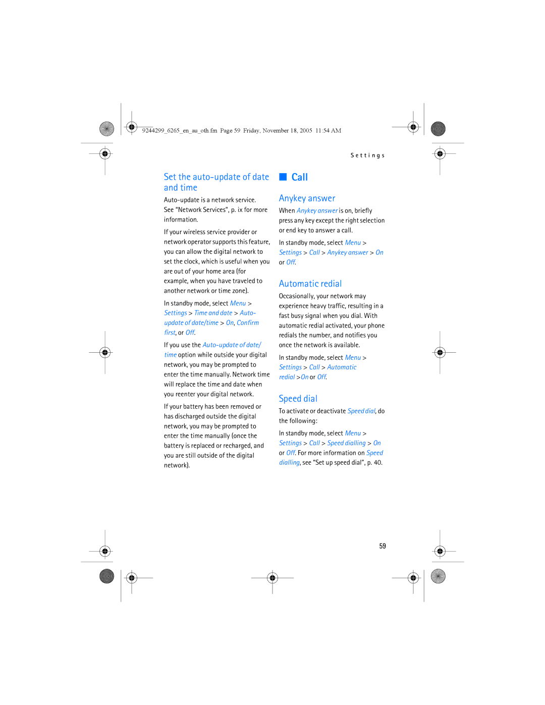 Nokia 6265 manual Call, Set the auto-update of date and time, Anykey answer, Automatic redial, Speed dial 