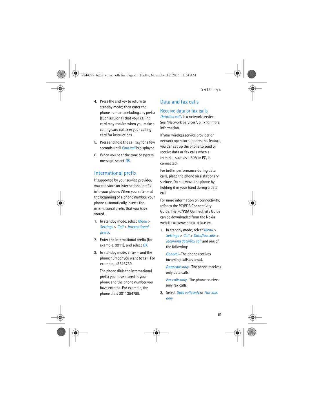 Nokia 6265 manual International prefix, Data and fax calls, Receive data or fax calls 