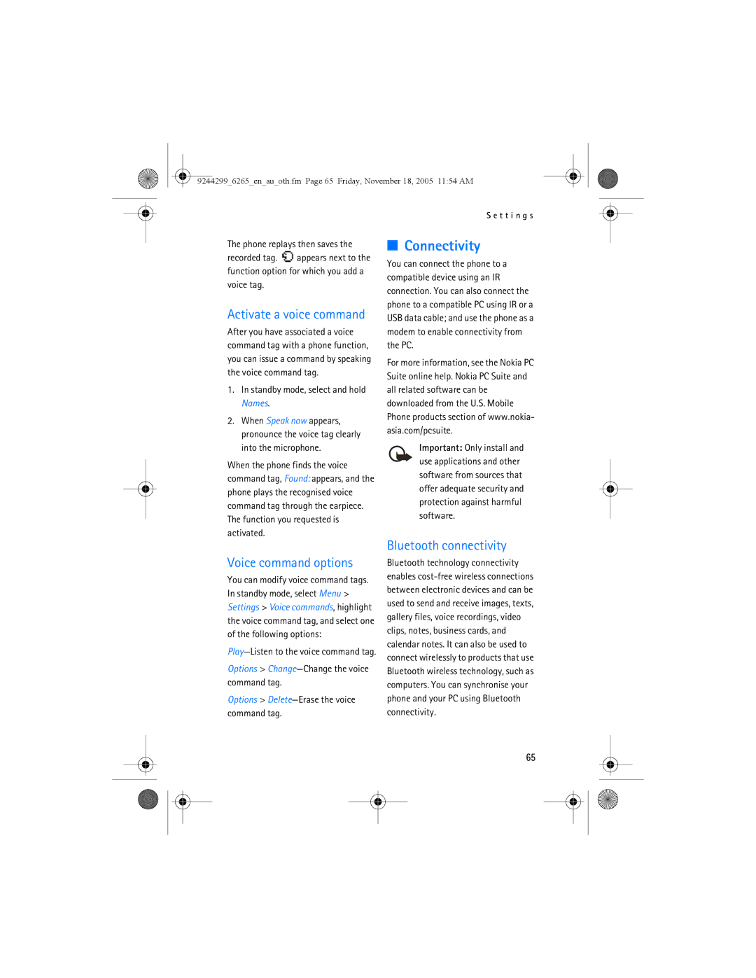 Nokia 6265 manual Connectivity, Activate a voice command, Voice command options, Bluetooth connectivity 