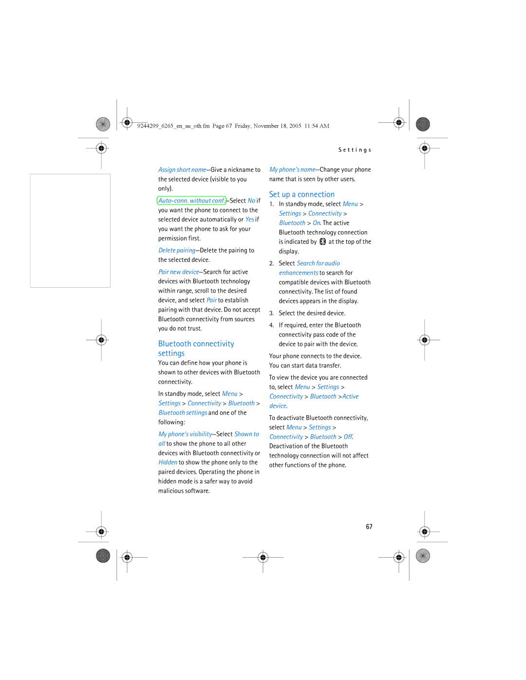 Nokia 6265 Bluetooth connectivity settings, Set up a connection, Delete pairing-Delete the pairing to the selected device 