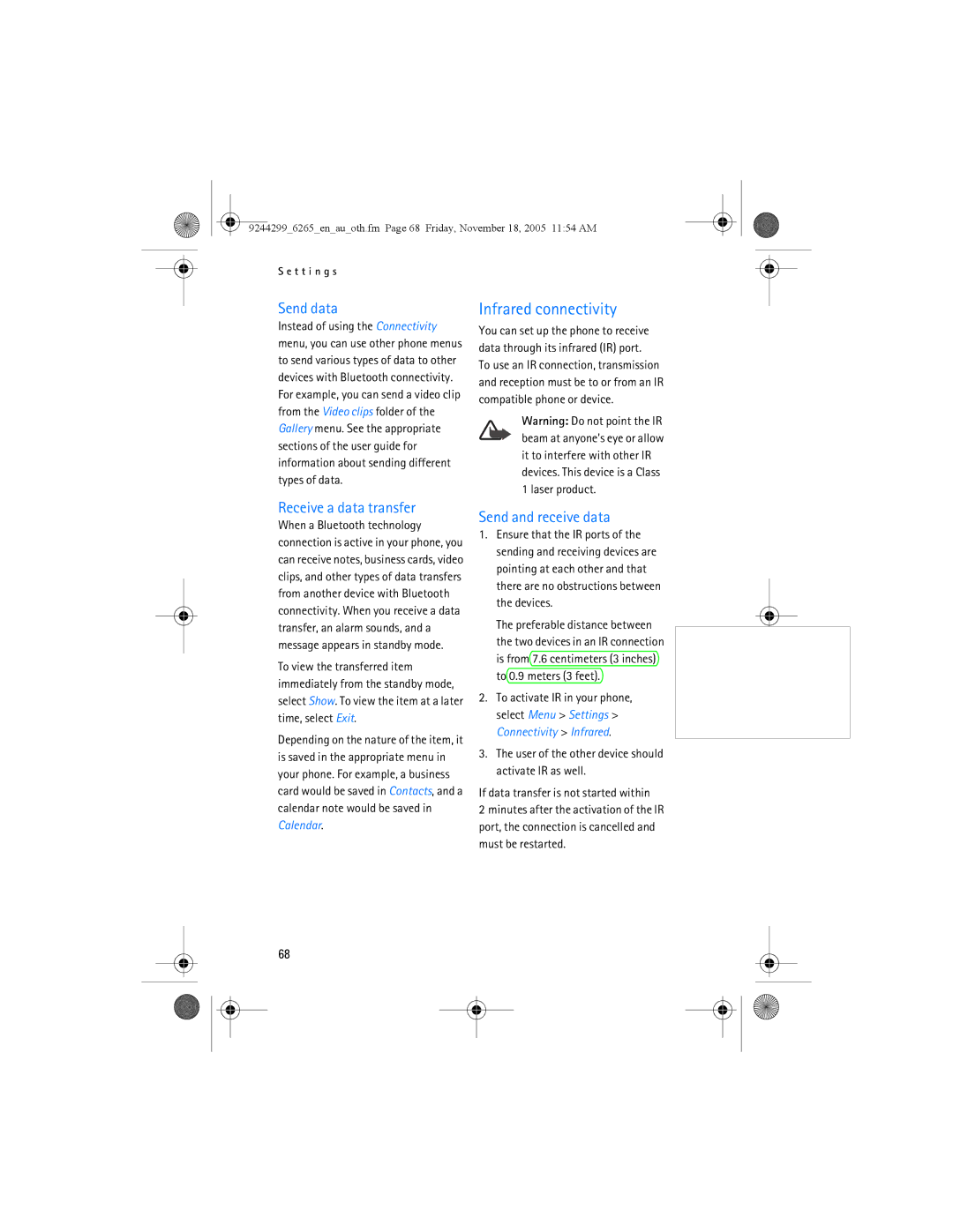 Nokia 6265 manual Infrared connectivity, Send data, Receive a data transfer, Send and receive data 