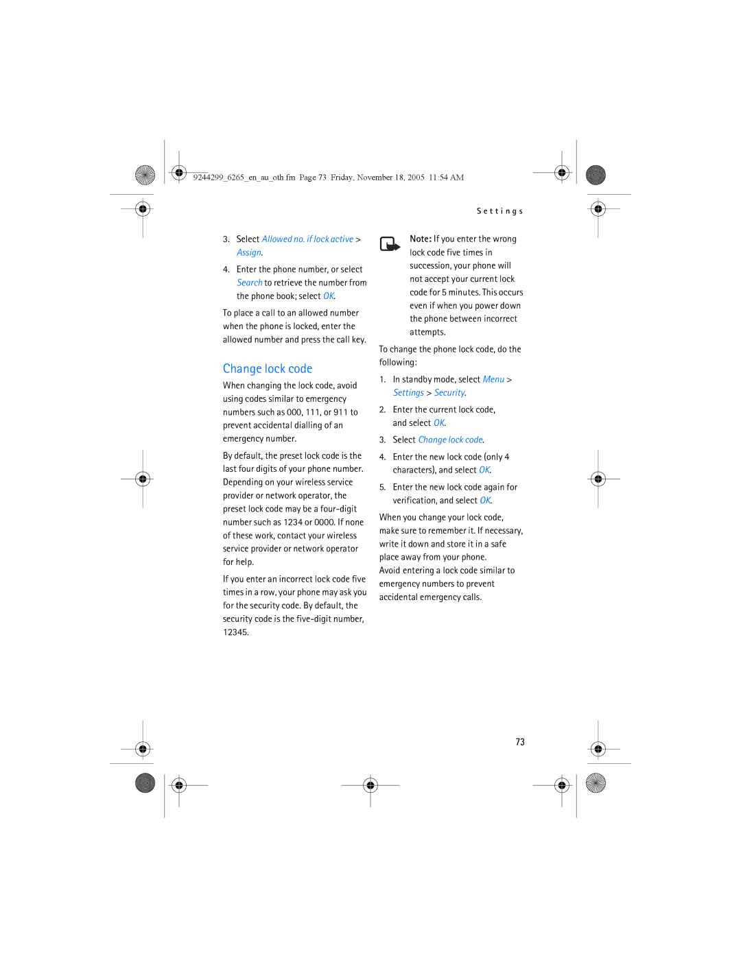 Nokia 6265 manual Select Allowed no. if lock active Assign, Select Change lock code 