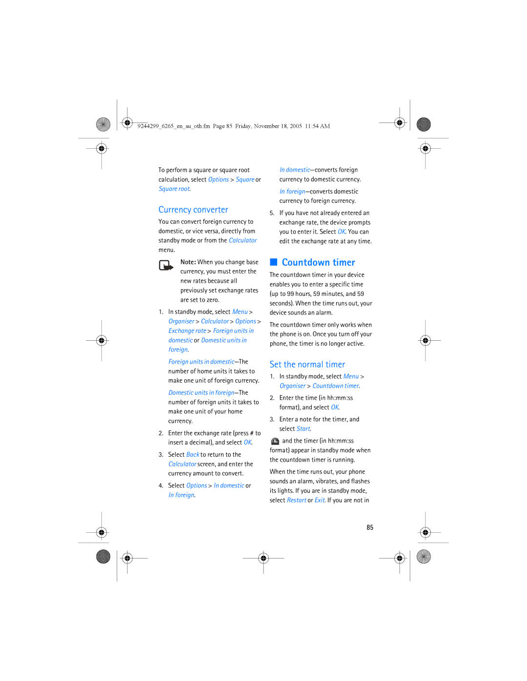 Nokia 6265 manual Countdown timer, Currency converter, Set the normal timer, Select Options In domestic or In foreign 