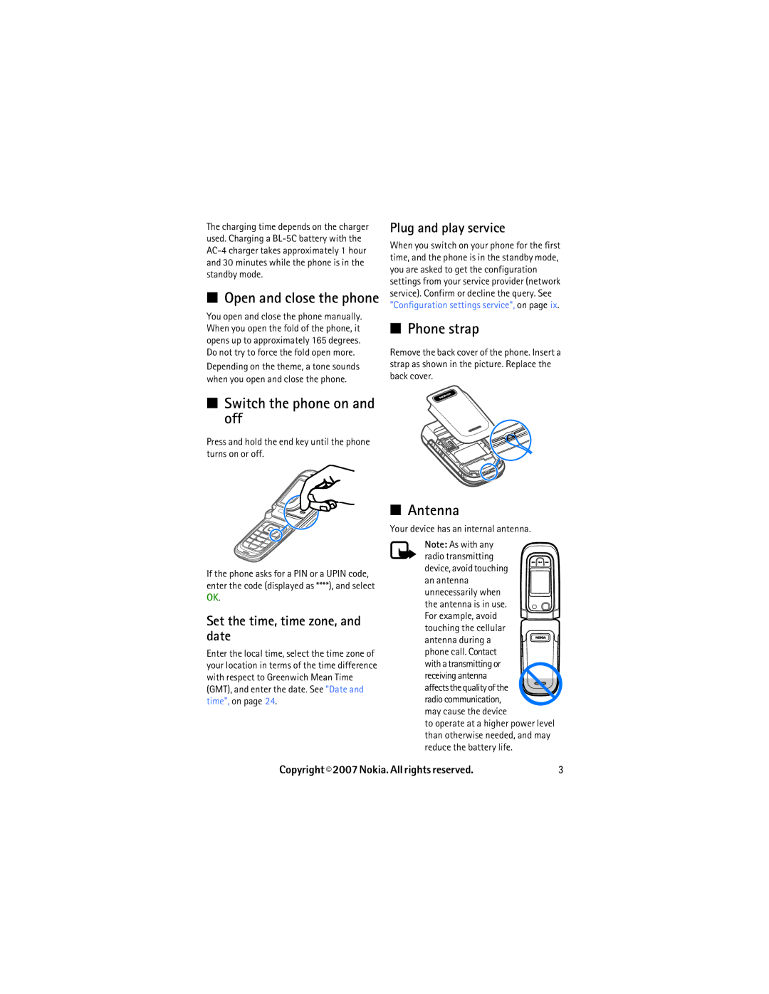 Nokia 6267 Phone strap, Switch the phone on and off, Antenna, Plug and play service, Set the time, time zone, and date 