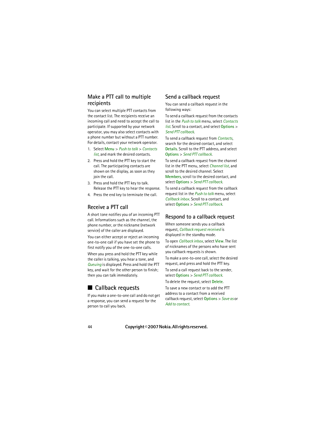 Nokia 6267 manual Callback requests, Make a PTT call to multiple recipients, Receive a PTT call, Send a callback request 