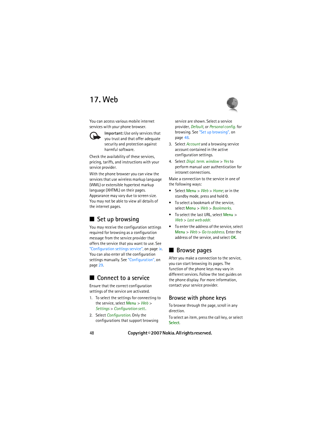 Nokia 6267 manual Web, Set up browsing, Connect to a service, Browse pages, Browse with phone keys 