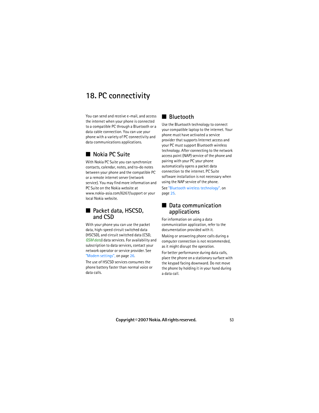 Nokia 6267 manual PC connectivity, Nokia PC Suite, Bluetooth, Packet data, HSCSD, and CSD, Data communication applications 