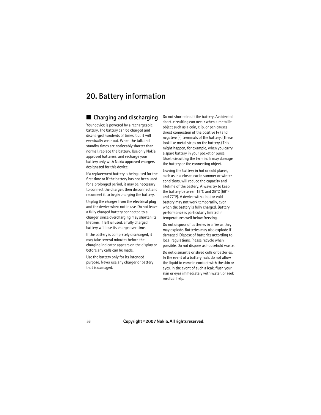 Nokia 6267 manual Battery information, Charging and discharging 