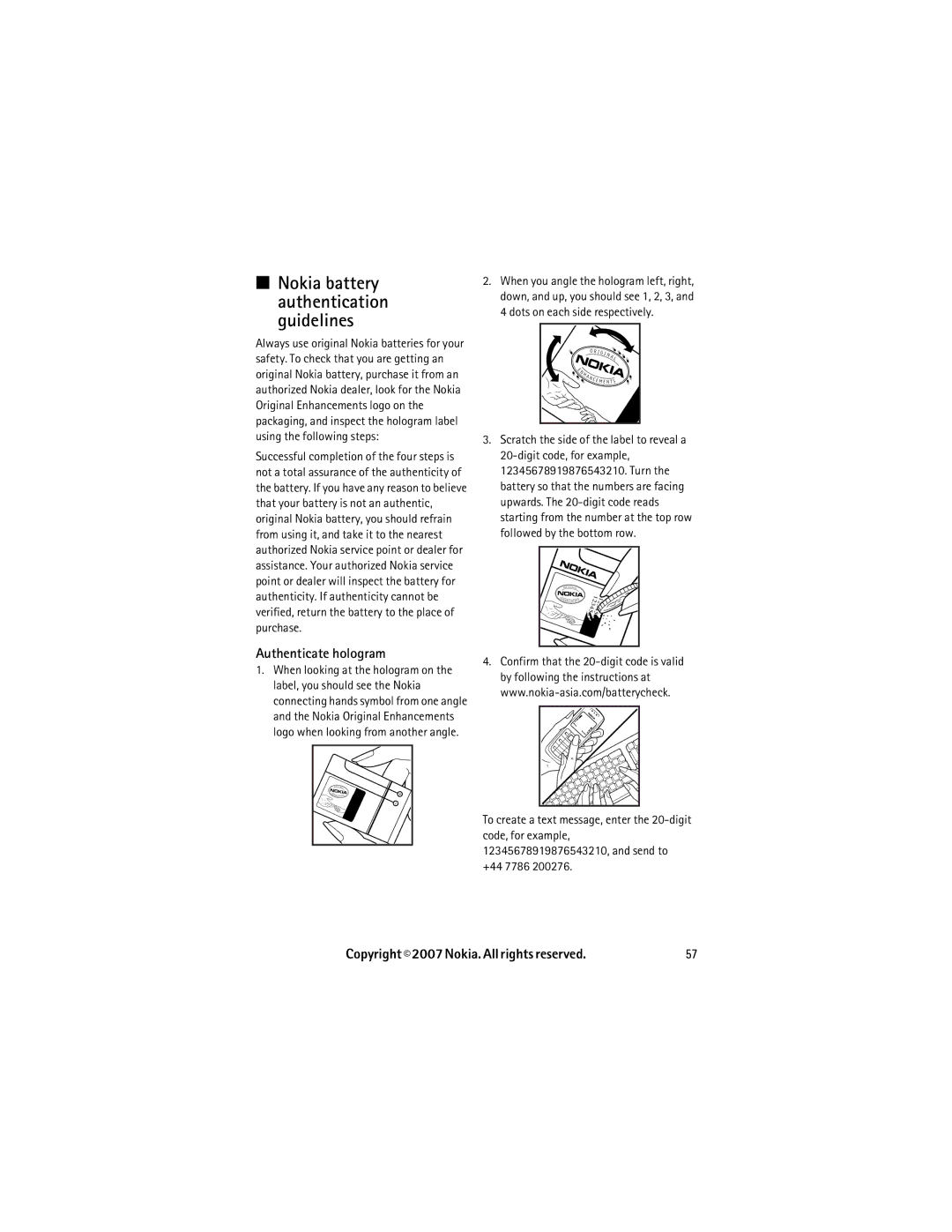 Nokia 6267 manual Nokia battery authentication guidelines, Authenticate hologram 