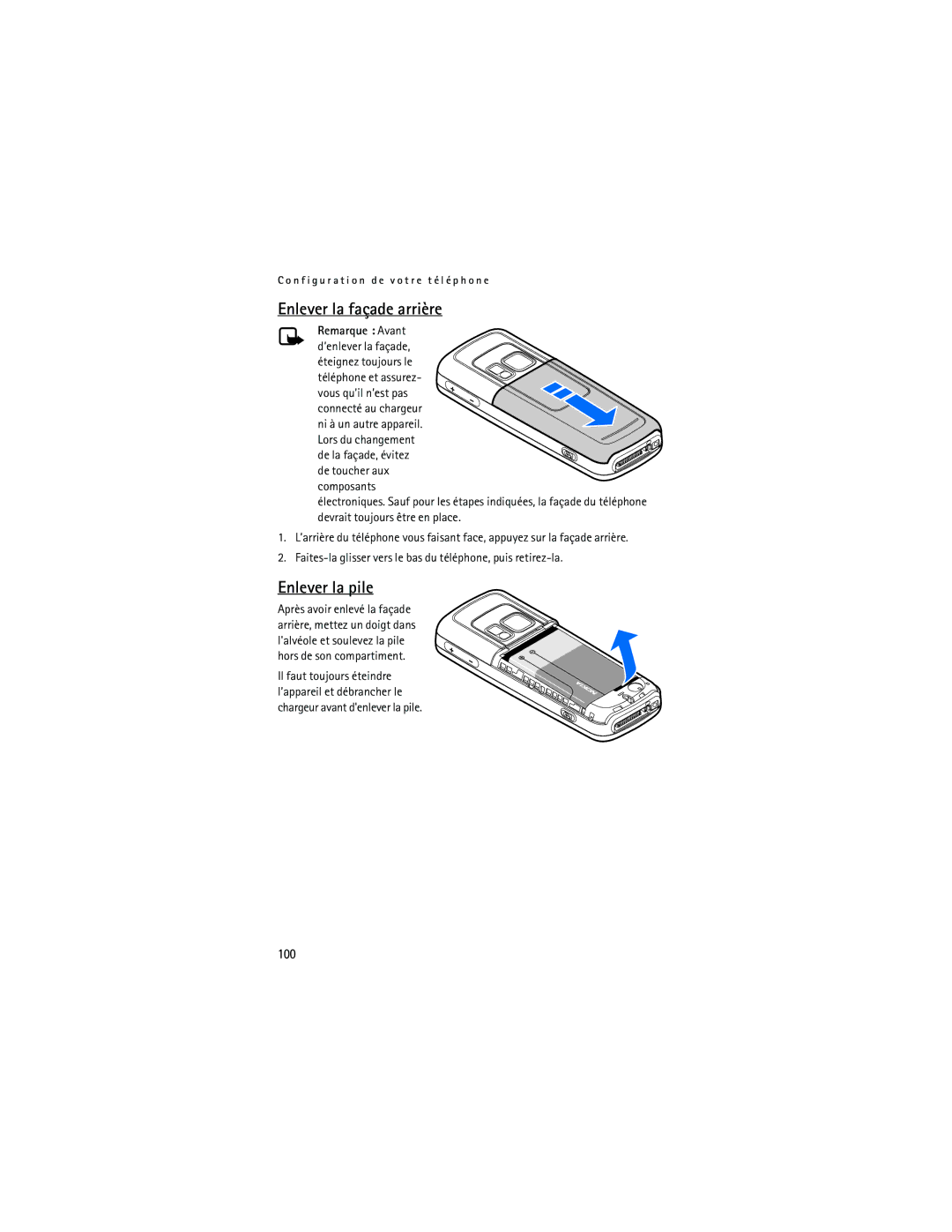 Nokia 6275i manual Enlever la façade arrière, Enlever la pile, 100 