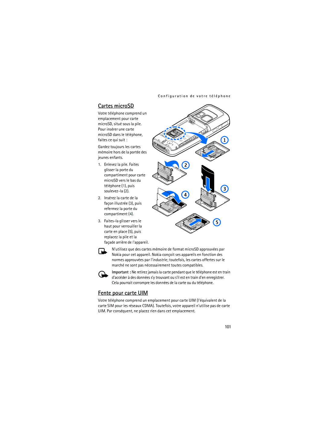 Nokia 6275i manual Cartes microSD, Fente pour carte UIM, 101 