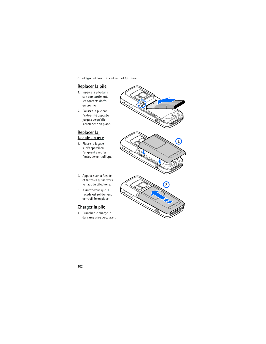 Nokia 6275i manual Replacer la pile, Charger la pile, Replacer la façade arrière, 102 