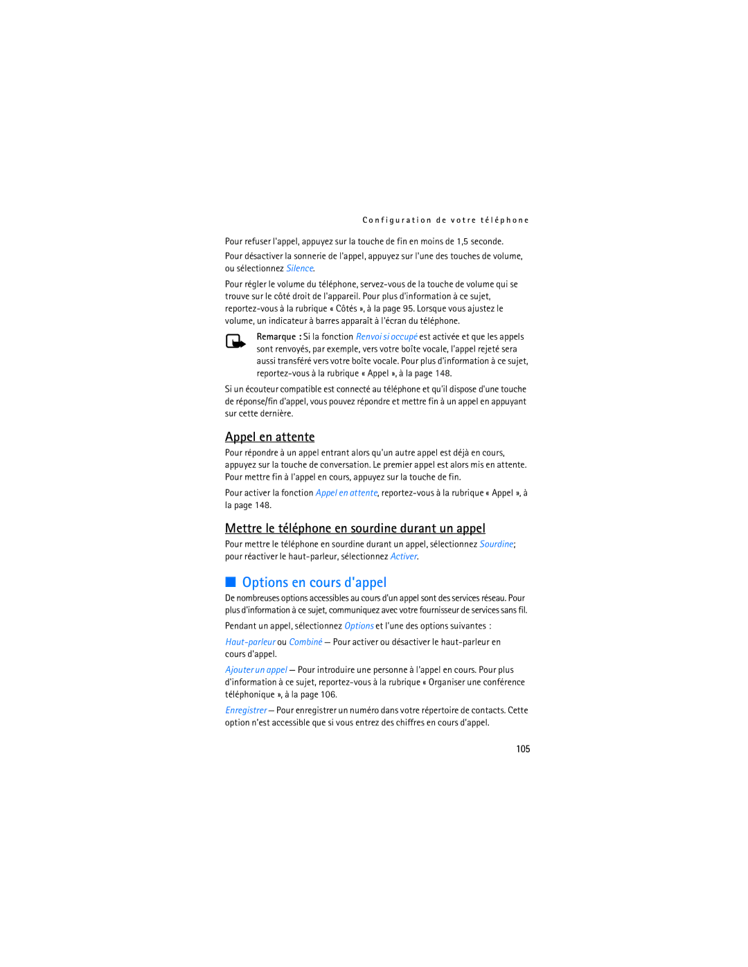 Nokia 6275i manual Options en cours dappel, Appel en attente, Mettre le téléphone en sourdine durant un appel, 105 