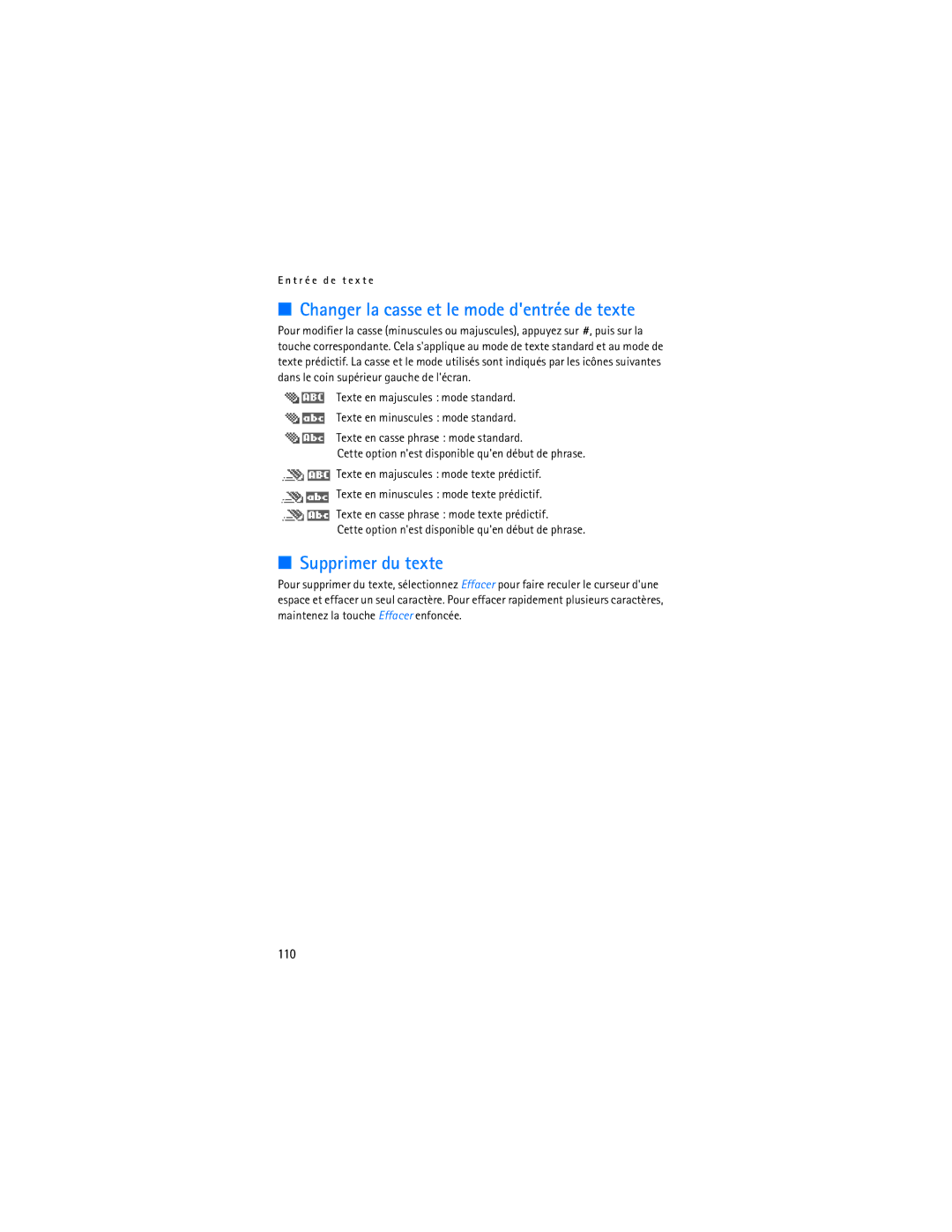 Nokia 6275i manual Changer la casse et le mode dentrée de texte, Supprimer du texte, 110 