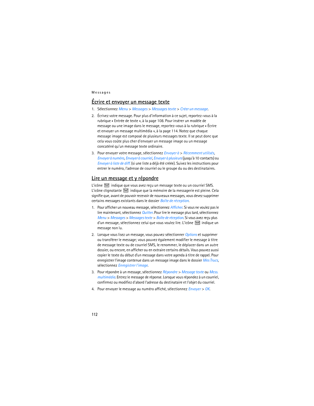 Nokia 6275i manual Écrire et envoyer un message texte, Lire un message et y répondre, 112 
