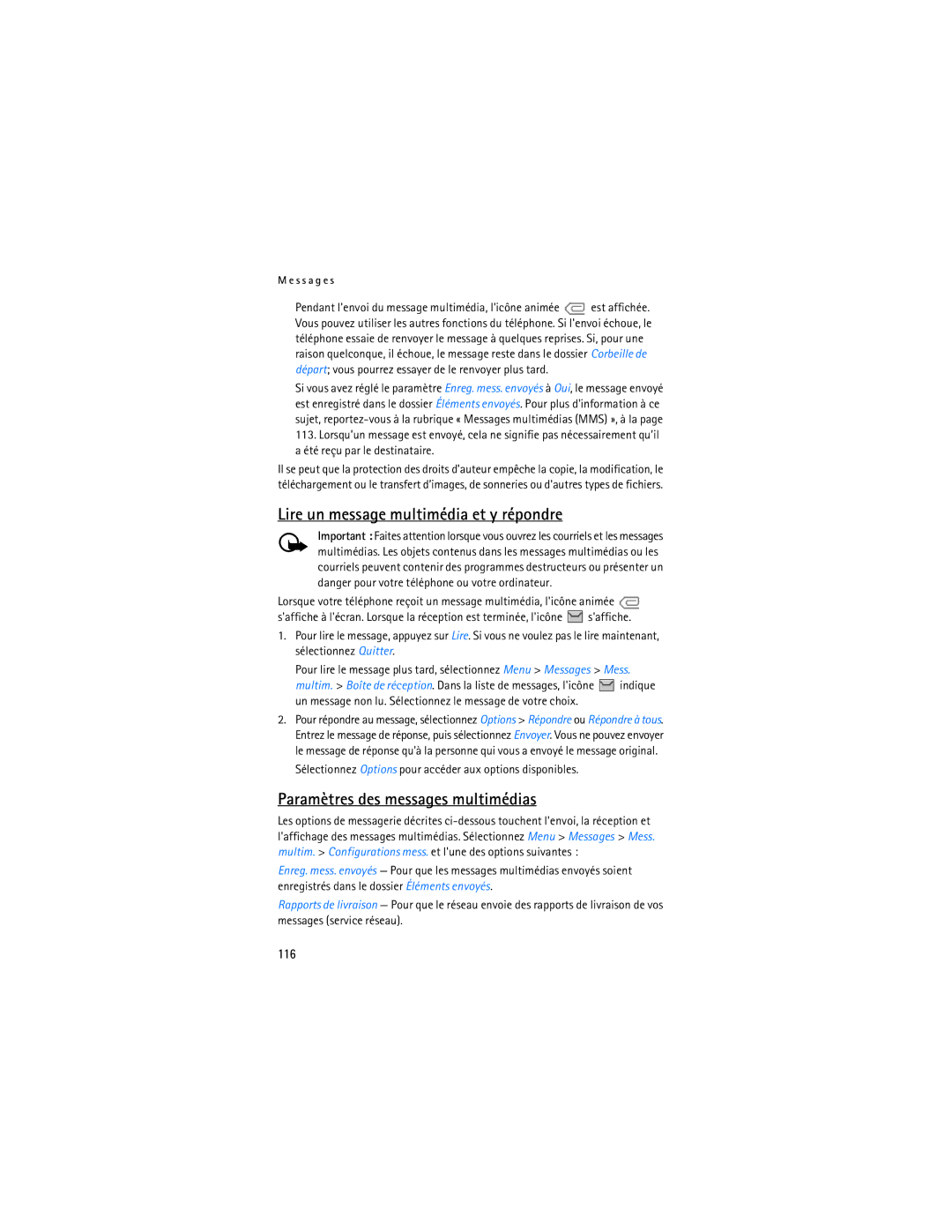 Nokia 6275i manual Lire un message multimédia et y répondre, Paramètres des messages multimédias, 116 