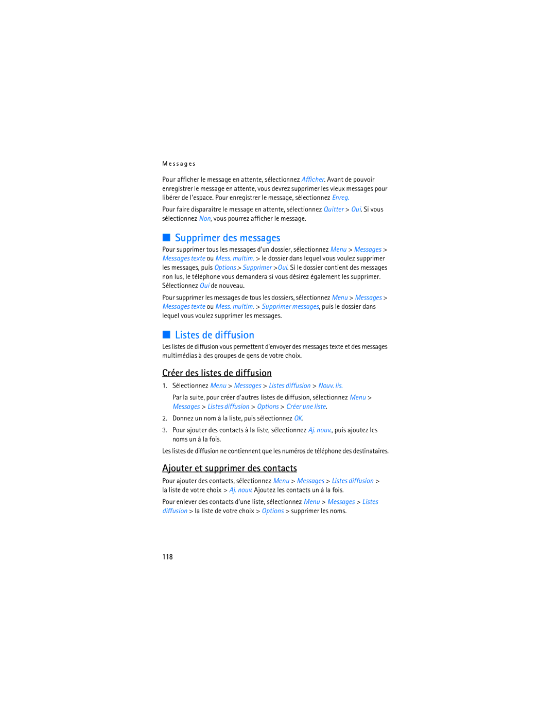 Nokia 6275i Supprimer des messages, Listes de diffusion, Créer des listes de diffusion, Ajouter et supprimer des contacts 