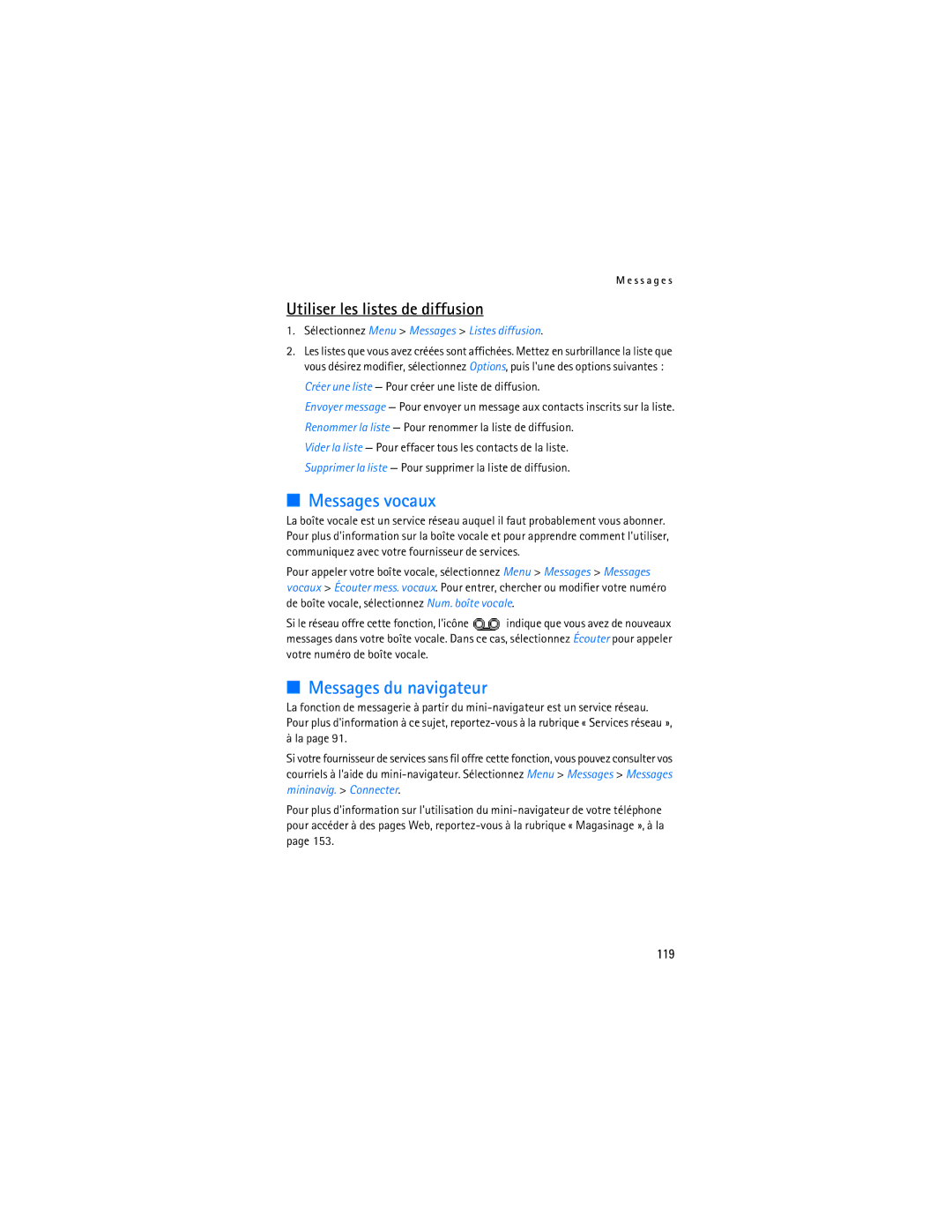 Nokia 6275i manual Messages vocaux, Messages du navigateur, Utiliser les listes de diffusion, 119 