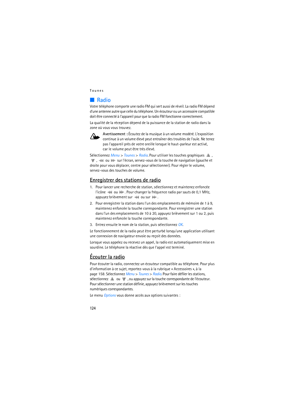 Nokia 6275i manual Enregistrer des stations de radio, Écouter la radio, 124 