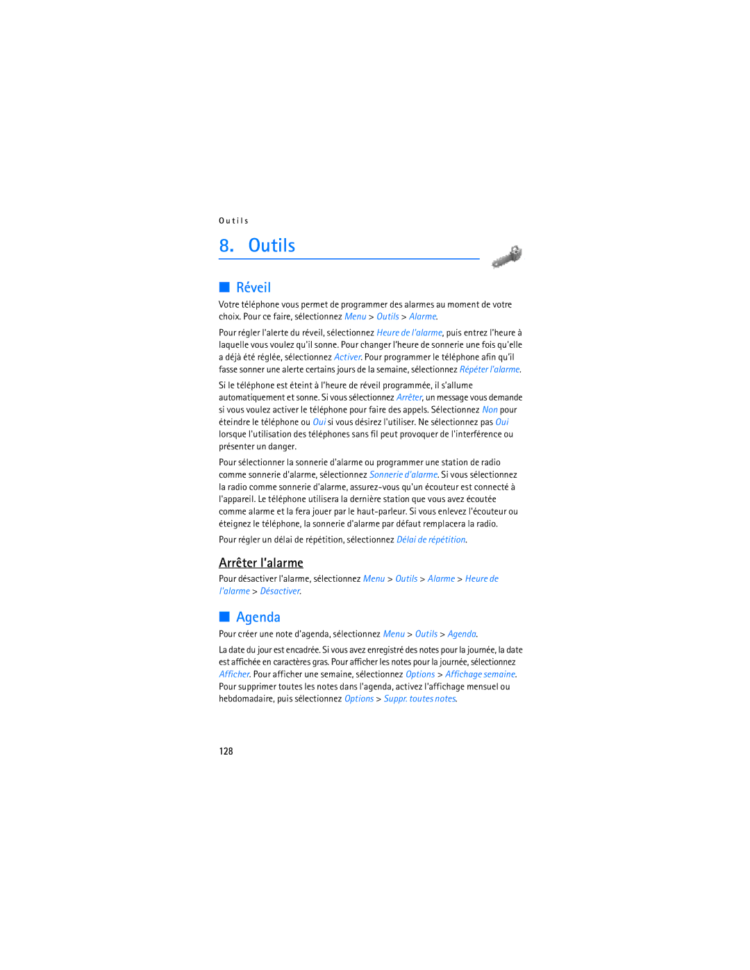 Nokia 6275i manual Outils, Réveil, Agenda, Arrêter l’alarme, 128 