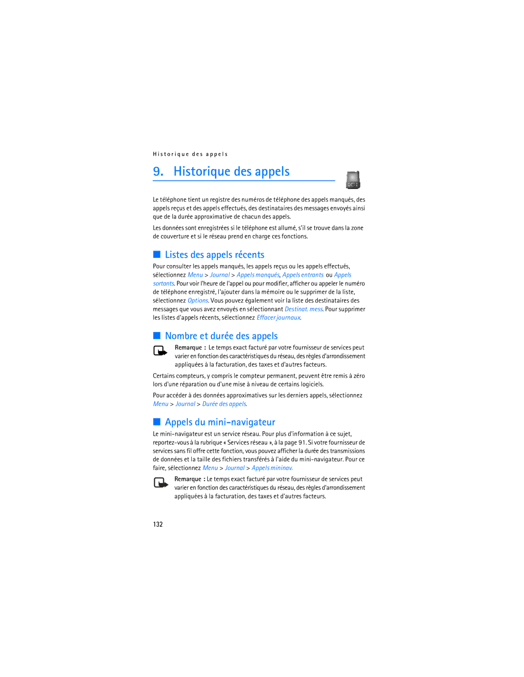 Nokia 6275i Historique des appels, Listes des appels récents, Nombre et durée des appels, Appels du mini-navigateur, 132 